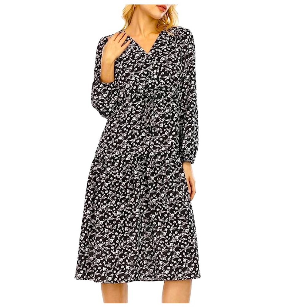 Women's Floral Print Maxi Dress Button Up 3/4 Sleeve V Neck Beach Party Sundress